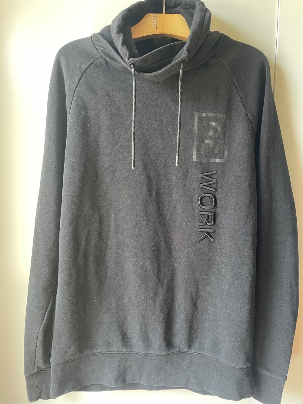 H&M Black Pullover Hoodie with Vertical RE WORK Graphic